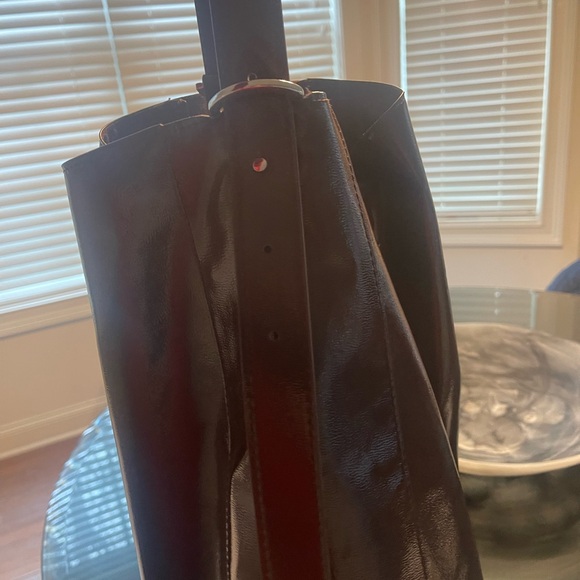 Brown Leather Tote with Glossy Finish and Drawstring Closure - Picture 3 of 6